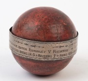 TROPHY CRICKET BALL - 1932 ARTHUR JOHN RICHARDSON: with loosely fitted sterling silver circumferential band engraved 'Presented to A.J. Richardson, who took all 10 wickets for Burnley&nbsp;in the Lancashire League match Burnley v Rishton ... July 16th 1932&nbsp;". - 3