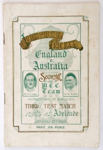 1932-33 BODYLINE TOUR: "International Cricket, England v Australia; Souvenir of visit of M.C.C. Team; Third Test Match, Played at Adelaide", scarce programme published by R.M.Osborne (Adelaide, 1933); some blemishes, good condition overall.