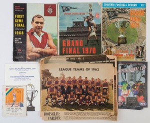 "FOOTBALL RECORDS" 1968-70 Trio comprising 1968 First Semi Final (Geelong v St Kilda) with Bobby Skilton on front cover, 1970 Grand Final (Collingwood v Carlton) & 1971 Grand Final (Hawthorn v St Kilda); also 1938 Interstate Tramways Football Carnival programme (Victoria v South Australia), 1987 Grand Final Breakfast menu, 2002 Official Souvenir Programmes (5) for the AFL International Cup featuring teams from 11 nations (Ireland defeating PNG in the final);