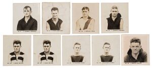 1929 GRIFFITHS 'BLACK CROWS' SERIES - VARIOUS: seven cards [7/210] including Garnet Campbell (Essendon) & Peter Reville (South Melbourne), duplicates of Jack Evans (Geelong) and Norm Cockram (misspelled 'Cochrane) of Fitzroy; condition Fair to VG. (9)