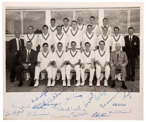 GRAHAM MCKENZIE COLLECTION - 1962-63 ASHES SERIES: photograph of the 1962-63 MCC touring team with 18 signatures including Ted Dexter (Capt.), Alec Bedser, Ken Barrington, Brian Statham, Fred Trueman, Colin Cowdrey, plus England's tour manager The Duke of Norfolk.