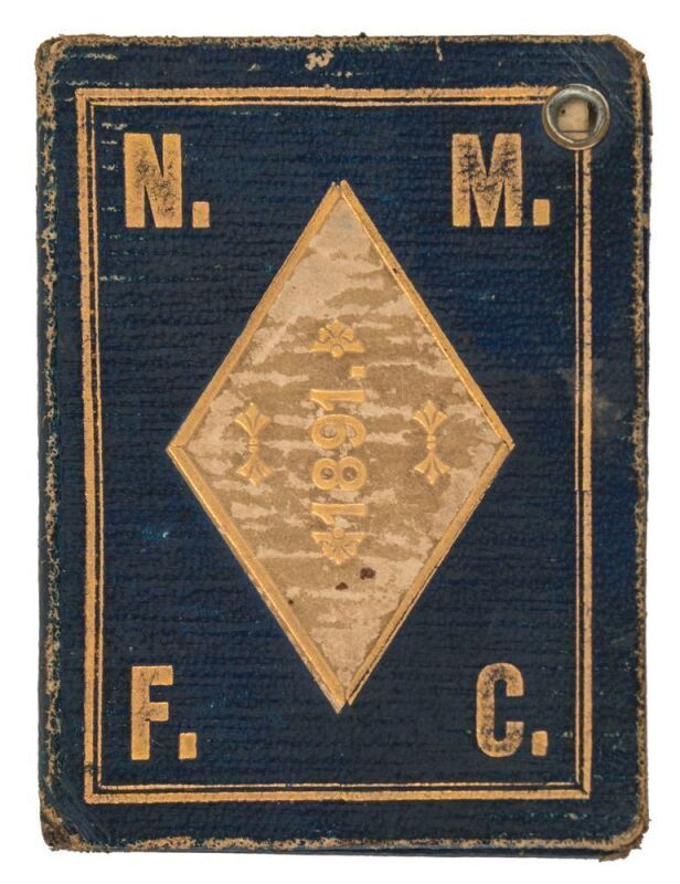NORTH MELBOURNE FOOTBALL CLUB: 1891 Member's Ticket in blue leather with cream leather 'diamond' on front and reverse embossed in gold '1891', with borders in gilt. The interior page lists 'FIRST TWENTY' & 'SECOND TWENTY' engagements,  the inside back cov
