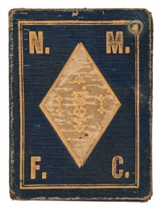 NORTH MELBOURNE FOOTBALL CLUB: 1891 Member's Ticket in blue leather with cream leather 'diamond' on front and reverse embossed in gold '1891', with borders in gilt. The interior page lists 'FIRST TWENTY' & 'SECOND TWENTY' engagements, the inside back cover with full printed page with details of the club Patrons, President, Vice-Presidents, General Committee and Match Committee. The inside front cover provides room for the member's name ("N.Daw"), and that of the Hon. Treas. (G.Bailey).