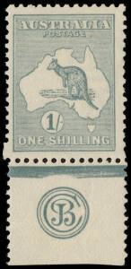 1/- Bright Blue-Green (Plate 2) JBC Monogram single;&nbsp;insignificant speck of paper-pulp, light crease through the margin, very lightly mounted Mint. BW:31(2)zc - $9000.Provenance: Kevin Nelson, 2002