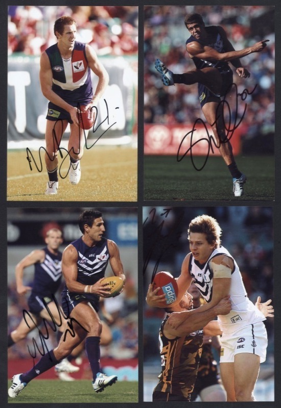 FREMANTLE - SIGNED PLAYER PHOTOS: selection including Aaron Sandilands, Matthew Pavlich, Des Headland, Byron Schammer & Chris Tarrant; various sizes, largest 20x30cm, generally very good condition. (11)