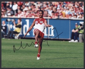 SIGNED PLAYER PHOTOS: for WEST COAST EAGLES (7, all 16x10cm) including Matthew Priddis & Nic Naitanui: SYDNEY SWANS (5) including Adam Goodes (20x30cm), Paul Roos & Michael O'Loughlin; PORT ADELAIDE (2) including Gavin Wanganeen,; various sizes, up to 20x30cm, generally very good condition. (14)