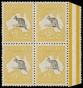 5/- Deep Grey & Chrome, marginal block of 4 from the left pane, with central gutter; beautifully centred and excellent frontal appearance, the upper two units with a light band of gum discolouration (mentioned for accuracy). MUH. A very rare multiple of t