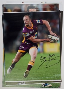 PLAYER SIGNED COLOUR PRINTS: comprising Darren Lockyer (Brisbane Broncos), Cameron Smith & Greg Inglis (Melbourne Storm), Jonathan Thurston (North Queensland Cowboys), Darius Boyd & Trent Barrett (St. George Illawarra) and Todd Carney (Sydney Roosters) also team photos comprising 2009 Queensland State of Origin (signed by Cameron Smith), 2005 NRL Premiers West Tigers (signed by Benji Marshall)