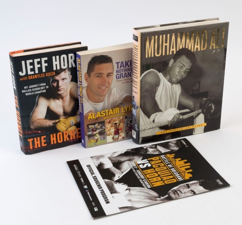 LITERATURE: with Muhammed Ali "The Unseen Archives", lavishly illustrated, 384pp hardbound; plus Jeff Horn "The Hornet" 325pp hardbound, and 'Pacquio v Horn' official souvenir program for their fight (Jul. 2, 2017); also AUSSIE RULES: softbound Alastair L