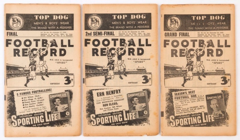 "THE FOOTBALL RECORD": 1949 2nd Semi-Final, North Melbourne v Carlton; Preliminary Final, North Melbourne v Essendon; Grand Final, Carlton v Essendon; usual foxing, Fair condition overall. (3) Essendon defeated Carlton 18.17 (125) to 6.16 (52), in the Gr