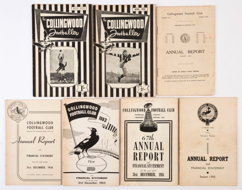 COLLINGWOOD - ANNUAL REPORTS: for 1952, 1953, 1956, 1958 (Premiers) & 1963; Fair to VG condition; also July 1955 and April 1956 editions of "The Collingwood Footballer". (7 items)