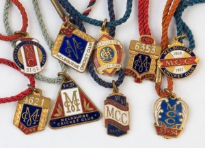 MELBOURNE CRICKET CLUB, membership fobs for 1950-51, 1951-52, 1952-53, 1953-54, 1954-55, 1955-56, 1956-57, 1957-58 & 1959-60, (9).