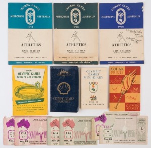 1956 MELBOURNE: range of items including Athletic programmes for 27th, 28th & 29th of November, Bank of New South Wales Olympic Mini-Diary, Olympic Games 'Results & Records (pub. Olympic Tyre & Rubber Co.), Kodak 'Olympic Games,1956' photo wallet, Main Stadium entrance tickets (4) plus Velodrome & Exhibition Building (basketball) the latter both damaged; also 1972 Shell 'Olympic Games Passport' complete with stickers; condition variable. (13 items)