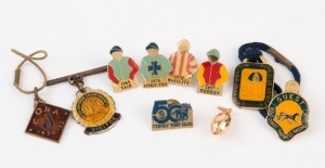 BADGES: mostly enamelled including HORSE RACING: 1931-32 for 'CQRA/J' (made by Bishop's, Brisbane), 1991-92 Brisbane Amateur Turf Club (member #1) badge, others commemorating racehorses; also TENNIS: 1974 Western Australia Tennis Association 'Inter Domini