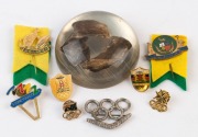 BADGES: Selection with RUGBY UNION pin badges for 1889-1964 75th Anniversary of Springboks v Australia matches, plus a Wallabies 'Kangaroo & Rugby Ball' badge, both mounted on felt; OLYMPIC/COMMONWEALTH GAMES with 1956 Melbourne Olympics 'Rings over Boome