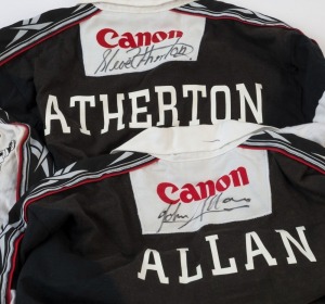 NATAL SHARKS (SOUTH AFRICA): No '2/ALLAN' (hooker) rugby guernsey, signed by John Allan who played 9 Internationals for Scotland, 13 Internationals for the Springboks, as well as making 126 appearance for Natal; also No '4/ATHERTON' (lock) guernsey, signed by Steve Atherton who played 8 Internationals for the Springboks, as well as making 165 appearances for Natal; both are size Medium. (2 items)