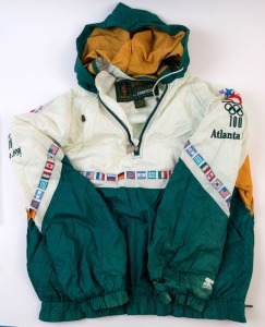 1996 ATLANTA OLYMPICS: 'Atlanta 1996' large sized jacket (with hood) made by 'Starter', in green, white & orange, decorated with a flag design of competing nations; in good condition.