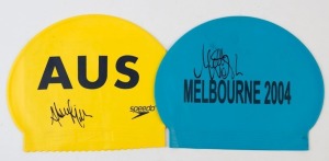 SWIMMING - SIGNED SWIM CAPS: comprising Matt Welch on blue 'Melbourne 2004' Commonwealth Games cap and Alice Mills on gold Australia swim cap. (2)