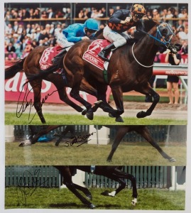 JOCKEY SIGNED MELBOURNE CUP WINNER PHOTOGRAPHS: comprising Scott Seamer (Evereal, 2001), Glenn Boss (Makybe Diva, 2003, 2004 & 2005) and Corey Brown (Shocking, 2009), all 30x45cm. (3)
