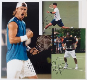 PLAYER SIGNED COLOUR PRINTS: action images (mostly 30x20cm) including Roger Federer, Novak Djokovic, David Ferrer and Alica Molik; also large signed print (45x30cm) of Lleyton Hewitt. (8 items)