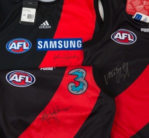 ESSENDON: Puma 2007 guernseys (2, sizes M & L) the former signed by Matthew Lloyd, the latter by Mark Johnson; also Adidas 2009 guernsey (size XL) boldly signed by Kevin Sheedy. (3)