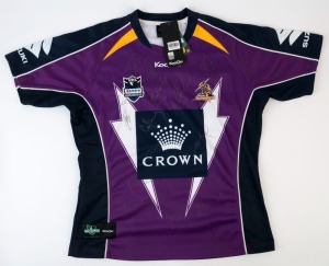 MELBOURNE STORM: 2011 (Minor Premiership Year) guernsey (size L) signed by the whole team including Cameron Smith (Capt.), Billy Slater & Cooper Cronk.