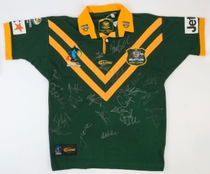 KANGAROOS: 2008 World Cup guernsey with numerous signatures fromm the star-studded team including Darren Lockyer, Billy Slater, Jonathan Thurston, Paul Gallen & Greg Inglis.