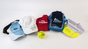 SIGNED CAPS: comprising TENNIS: Lleyton Hewitt (Australia) on Yonex brand cap, Jo-Wilfried Tsonga (France) on Garnier promotional cap, ; RUGBY LEAGUE Paul Gallen on Cronulla Sharks cap, HORSE RACING: Dwayne Dunn (Australia) on Fly Emirates promotional cap; MOTOR RACING: James Courtney on Ford/Stone Brothers Racing cadet cap; also Alicia Molik signature on Australian Open tennis ball. (6 items)