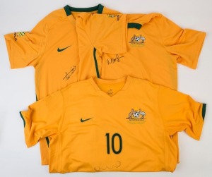 AUSTRALIA - SOCCEROOS: single player signatures on indivuidual Socceroos soccer guernseys comprising Harry Kewell, Tim Cahill & Mark Schwarzer.  (3)