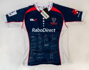 MELBOURNE REBELS: 2011 inaugural season guernsey (size XL) with 28 signatures including Stirling Mortlock, Greg Somerville, Danny Cipriani & Nick Phipps. 