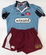 STATE OF ORIGIN - SIGNED SPORTSWEAR: Andrew Johns signature on NSW State of Origin guernsey&nbsp;(size 2XL)&nbsp;plus Cameron Smith signature of Queensland State of Origin shorts (size 42). (2 items)