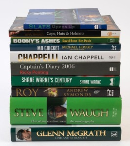 AUTOGRAPHED LITERATURE: with hardbound Glenn McGrath 'Line and Strength", Steve Waugh "Out of my Comfort Zone"; softbound Andrew Symonds "Roy - Going for Broke", Shane Warne "Shane Warne's Century", Ricky Ponting "Captain's Diary 2006", Ian Chappell "Life, Larrikins & Cricket" and four others. (10)