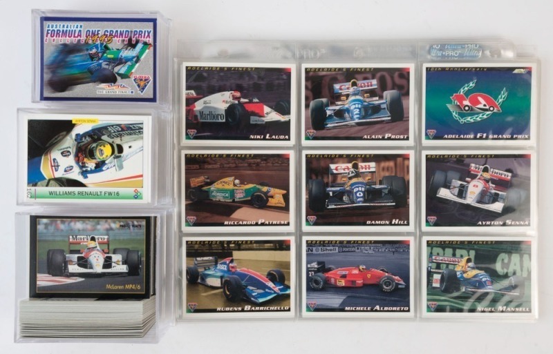 SELECTION with 1991 Pro Trac F1 Racing incomplete set [129/200, plus 63 duplicates], 1994 PMC Formula One set [162] card '162' being the Ayrton Senna 'mortal accident' card; 1995 Australian Formula One complete set [90],1996 Futera Adelaide Grand Prix 10t