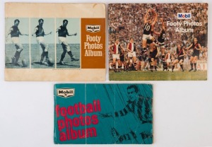 1964, 1965 & 1966 MOBIL 'VFL' Photo Cards: 1964 complete [40], 1965 [39/40, ex card #3], 1966 complete [40, some cards abrased/damaged], all are glued down into Mobil albums; Poor to Fair/Good. (3 albums)