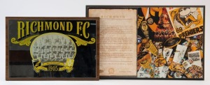 RICHMOND: c.1980s commemorative bar mirror mounted on board (overall 22x33cm) showing the 1905 Premiership Team; also 1980s wall plaque (27x42cm) celebrating the Richmond Football Club and their achievements, being a limited edition numbered #1 of 2000.