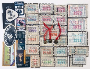 CARLTON - SEASON TICKETS: with 1959 Home & Away Scholar's Ticket; Home & Away Tickets for 1961, 1962; Home & Away ('Under 15 Years') Ticket for 1965 (2), 1966, 1967, 1969 (2), 1970, 1971 (2), 1972 (6) and 1973 (5); 'Carlton Only' Home Tickets for 1971 & 1972 (2); also Social Club badges with lanyards for 1992 & 1993 (2), plus some 1990s plastic membership cards and other Club ephemera. (small qty)