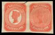 QUEENSLAND - Postal Stationery : POSTAL CARDS: ½d William Bell Essay Se-Tenant Pair in rose-red with void or lined background, both units with Reversed 'Q' of 'QUEENSLAND', on ungummed, unwatermarked paper. Only example known. Ex Besancon.