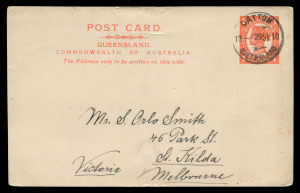 QUEENSLAND - Postal Stationery : POSTAL CARDS: 1911 1d Four Corners stamp design, with admonition in italics 'The Address only to be written on this side' added as the Fourth Line of Heading, on white stock, two examples, one unused and the other postally used from Gatton to Orlo Smith in Melbourne, being the only recorded used example. Less than four unused cards are recorded. Unlisted by Higgins & Gage. (2)