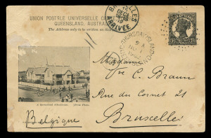 QUEENSLAND - Postal Stationery : POSTAL CARDS (VIEWS): 1902 use of 1½d Medallion Portrait Post Card with captioned image of 'A Queensland Schoolhouse' to Belgium, the message headed "Merauke 30-10-02", with fine strike of Rays '147' tying card and 'THURSDAY ISLAND/NO1/1902/QUEENSLAND' datestamp alongside, Brussels arrival datestamp; a few surface marks/abrasions.