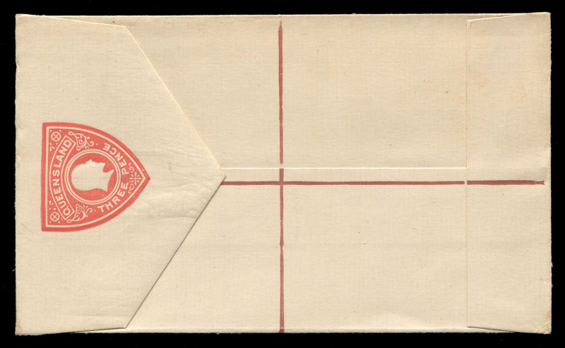 QUEENSLAND - Postal Stationery : REGISTRATION ENVELOPES: 1912 KEVII 3d (in red) Size G2 Envelope on off-white stock printed by JB Cooke, Commonwealth Stamp Printer (Melbourne), a "hybrid" Envelope with the lines on front in red, and lines on reverse in br