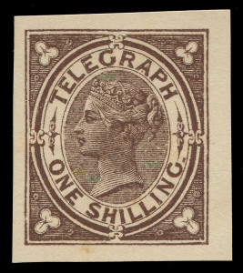 QUEENSLAND - Postal Stationery : TELEGRAPHS & TELEGRAMS: ''TELEGRAPH/ONE SHILLING' stamp Die Proof in brown for 1882 Telegraph Form, on ungummed, wove paper. The only recorded example.