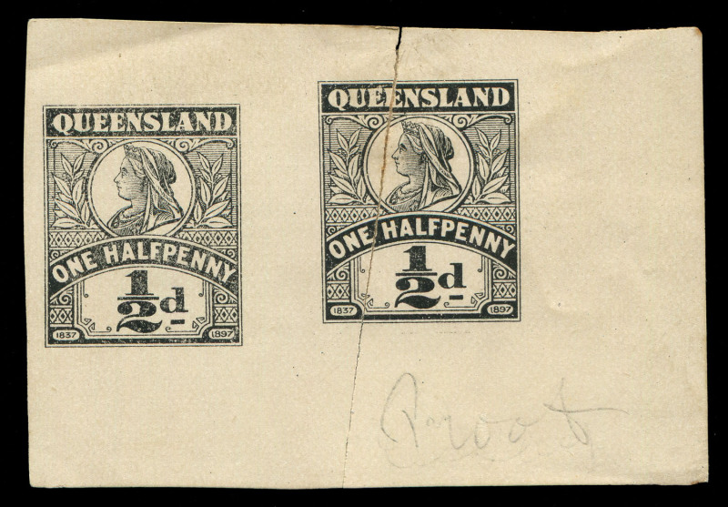 QUEENSLAND - Postal Stationery : WRAPPERS: 1897 unissued design Golden Jubilee ½d Die Proof pair in black with the dates '1837' & '1897' at the lower corners, on surfaced wove paper, without gum; tear through right-hand unit; unique, ex Gawaine Baillie. A