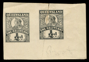 QUEENSLAND - Postal Stationery : WRAPPERS: 1897 unissued design Golden Jubilee ½d Die Proof pair in black with the dates '1837' & '1897' at the lower corners, on surfaced wove paper, without gum; tear through right-hand unit; unique, ex Gawaine Baillie. A