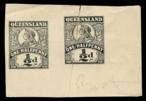 QUEENSLAND - Postal Stationery : WRAPPERS: 1897 unissued design Golden Jubilee ½d Die Proof pair in black with the dates '1837' & '1897' at the lower corners, on surfaced wove paper, without gum; tear through right-hand unit; unique, ex Gawaine Baillie. Also issued design imperforate proof in green on watermarked, white paper with postal cancel. (2 items)