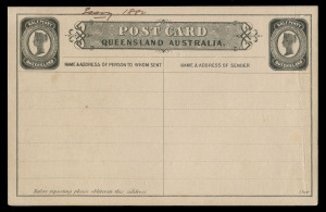 QUEENSLAND - Postal Stationery : POSTAL CARDS - WILLIAM BELL ESSAY: 1880 ½d unissued Reply Postal Card Essay in Black utilising the unissued ½d stamp design of William Bell (void background, corrected 'Q' in 'QUEENSLAND'), with impressions at both the upper-left and upper-right corners of the card, manuscript endorsement on upper edge €œEssay 1880€�, the address panel divided with headings 'NAME & ADDRESS OF PERSON TO WHOM SENT' at left and 'NAME & ADDRESS OF SENDER' at right,