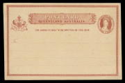 QUEENSLAND - Postal Stationery : POSTAL CARDS: near final Proof of the issued 1d Postal Card in carmine, only lacking the positional lines above and below the heading which were a feature of the issued card. Only known example.