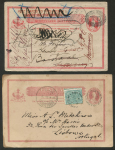 QUEENSLAND - Postal Stationery : POSTAL CARDS: (H&G #1),1881 (Mar.25) use of 1d Postal Card (vertical fold) from Brisbane with multiple redirections within Australia, thence to South Africa, a non-UPU member country, with 'POST CARDS TO THIS ADDRESS/CANNOT BE FORWARDED' handstamp applied in London, subsequently returned to Australia; also 1895 (Mar.15) use of 1d Card from Warwick to Portugal uprated ½d for the 1½d rate for delivery to UPU member countries, Queensland having