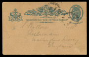 QUEENSLAND - Postal Stationery : POSTAL CARDS: (H&G #5) 1888 2d Postal Cards comprising UPU example with diagonal 'SPECIMEN' handstamp in blue, unused, and used (2) with 1890 (Jan 12) Toowoomba to England and 1891 (May 22) to England with Type 3a THURSDAY