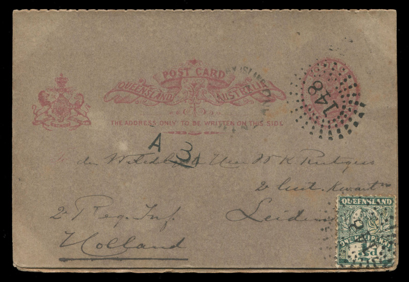 QUEENSLAND - Postal Stationery : POSTAL CARDS: (H&G #7) 1d Reply Postal Cards rare uprated usages comprising 1900 (Nov.29) Thursday Island to Holland with card and the added ½d tied by fine Rays '148' cancels; also 1907 (Aug.24) with card and added ½d adh