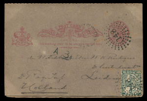 QUEENSLAND - Postal Stationery : POSTAL CARDS: (H&G #7) 1d Reply Postal Cards rare uprated usages comprising 1900 (Nov.29) Thursday Island to Holland with card and the added ½d tied by fine Rays '148' cancels; also 1907 (Aug.24) with card and added ½d adhesive tied by BUNDABERG '148' duplex. Rare duo. (2)